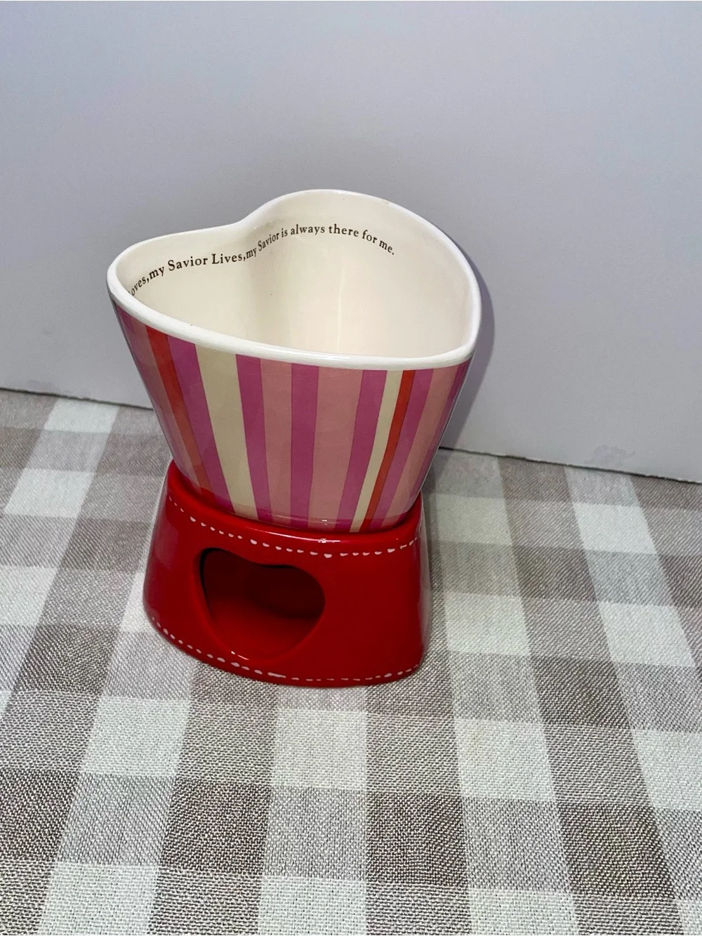 Striped Pink Heart Ceramic Wax Warmer / Planter / Fondue Pot - Pink
